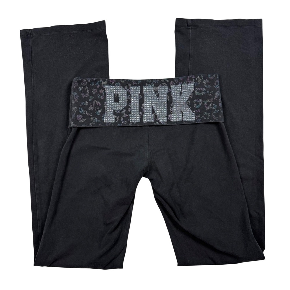 Y2K Victoria Secret PINK Flare Pants XS Leopard Rhinestone Foldover LowRise 2010